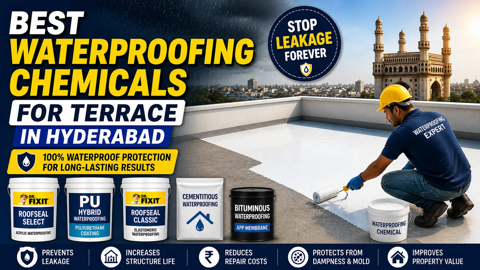 Terrace leakage is one of the most common problems faced by homeowners in Hyderabad, especially during the monsoon season. With heavy rains and extreme heat, roofs develop cracks and allow water to seep into the structure. Choosing the best waterproofing chemicals for terrace in Hyderabad is essential to protect your home from long-term damage and costly repairs. In this guide, we’ll explore the most effective waterproofing chemicals and how they help keep your terrace leak-free. Why Terrace Waterproofing is Important in Hyderabad Hyderabad’s climate includes intense summer heat followed by heavy rainfall. These weather changes cause expansion and contraction in concrete, leading to cracks. Once cracks appear, water easily enters and causes seepage, dampness, and ceiling leakage. Using high-quality waterproofing chemicals creates a protective layer that prevents water from penetrating the surface and ensures long-lasting durability. Top Waterproofing Chemicals for Terrace 1. Acrylic Waterproofing Coatings Acrylic-based waterproofing chemicals are one of the most widely used solutions for terraces. They form a seamless, flexible coating that protects against rain and UV rays. Easy to apply UV resistant Cost-effective for residential use Products like Dr. Fixit Roofseal Select are popular because they create an elastic membrane that can stretch and cover cracks effectively. 2. Polyurethane (PU) Waterproofing PU waterproofing is considered a premium solution for terrace protection. It forms a strong, flexible, and long-lasting layer that can handle heavy water exposure. High durability Excellent crack-bridging ability Suitable for extreme weather conditions Advanced products like PU hybrid coatings provide seamless protection and are ideal for long-term waterproofing. 3. Elastomeric Waterproofing Chemicals These coatings expand and contract with temperature changes, making them perfect for Hyderabad’s climate. Highly flexible Covers hairline cracks Long-lasting performance Products like Dr. Fixit Roofseal Classic use advanced technology to provide durable waterproofing and can even come with long-term warranties. 4. Cementitious Waterproofing This type of waterproofing uses a cement-based mixture with special additives. It is commonly used as a base layer before applying other coatings. Strong bonding with concrete Cost-effective Suitable for simple terraces 5. Bituminous Waterproofing (APP Membrane) Bituminous coatings or membranes are another reliable option, especially for flat roofs. Excellent water resistance Suitable for large terrace areas Durable in harsh weather How to Choose the Right Waterproofing Chemical Selecting the best waterproofing chemical depends on several factors: Terrace condition – Old or cracked surfaces need stronger solutions like PU or elastomeric coatings Budget – Acrylic coatings are affordable, while PU systems are premium Weather exposure – Hyderabad homes require UV-resistant and heat-resistant products Longevity required – Long-term solutions may cost more but reduce future repairs Benefits of Using Quality Waterproofing Chemicals Prevents roof leakage and seepage Increases the lifespan of the structure Reduces maintenance and repair costs Protects interiors from dampness and mold Improves overall property value Conclusion Choosing the best waterproofing chemicals for terrace in Hyderabad is not just about stopping leakage—it’s about protecting your home for years to come. Whether you go for acrylic coatings, PU systems, or elastomeric solutions, the key is to use high-quality materials and proper application methods. For best results, it’s always recommended to consult professional waterproofing experts who can assess your terrace condition and suggest the most suitable solution.